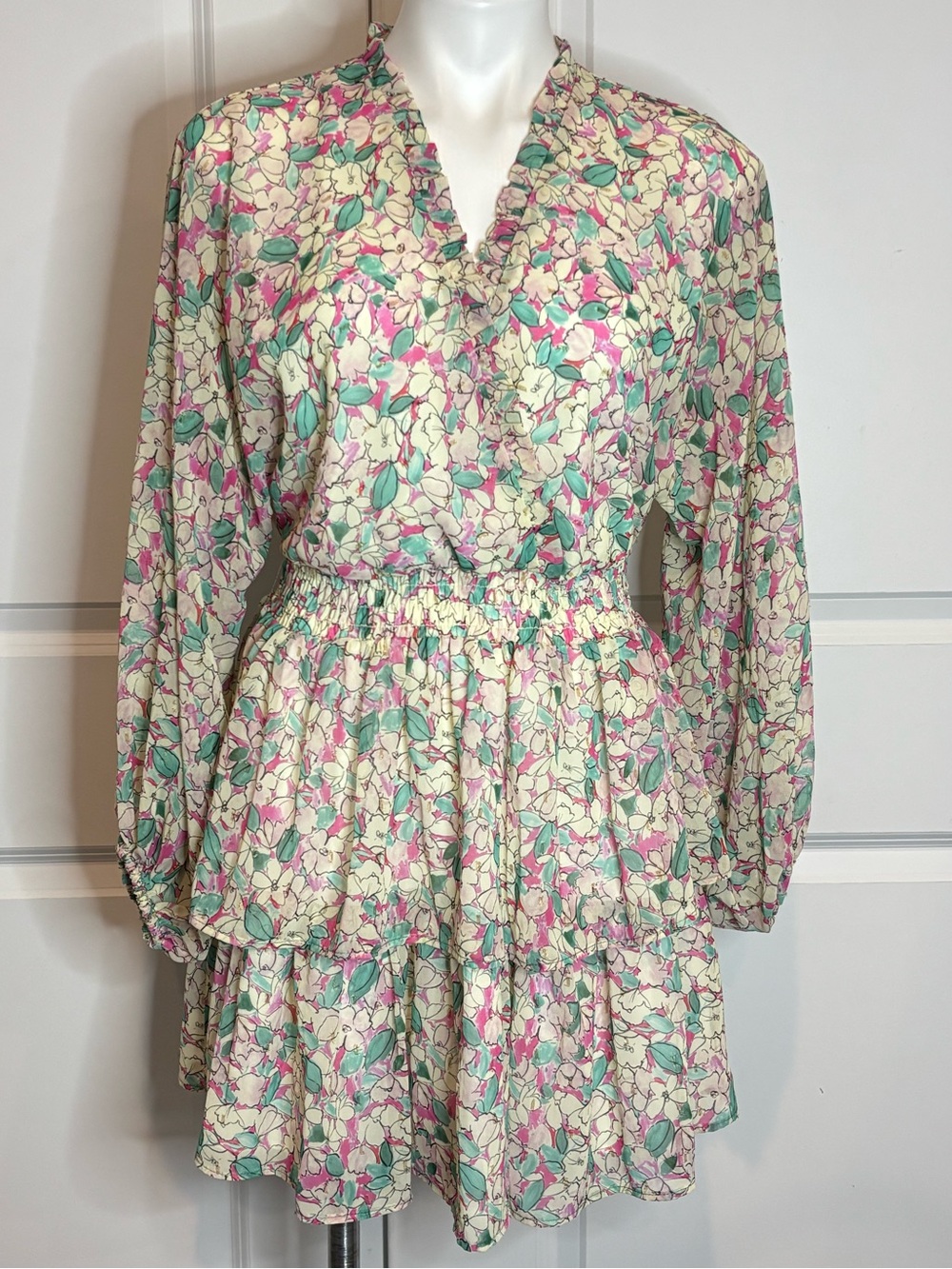 Lavender Brown Pink Green Floral Metallic Long Sleeve Tiered Mini Dress S